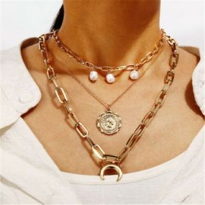 Pearl crescent coin chain multilayer necklace